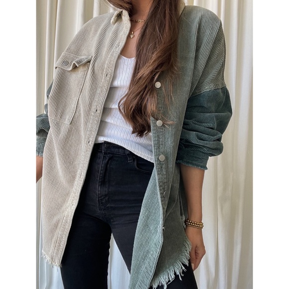 HEATHER CORDUROY SHACKET — Olive/Cream/Teal - Picture 3 of 10